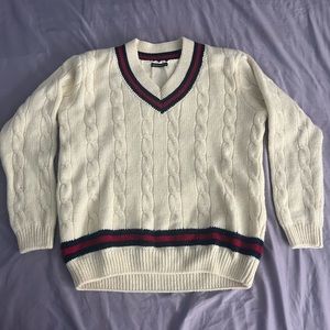 Brandy Melville Nikki heavy wool sweater vintage cardigan navy red ivory trim